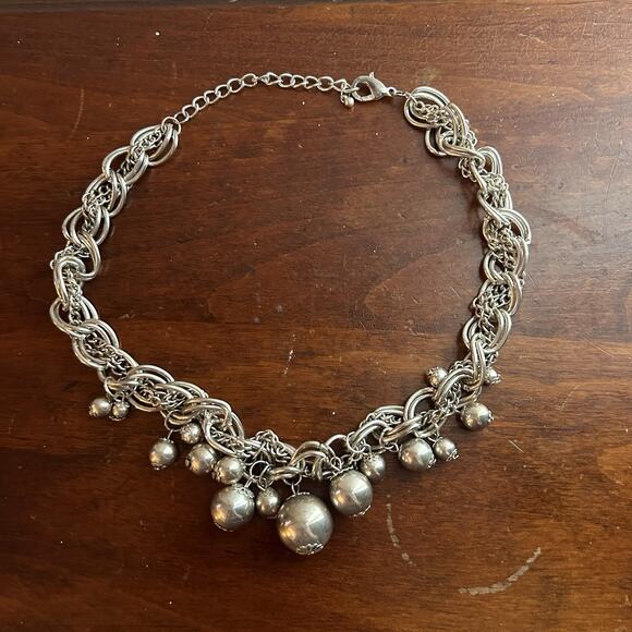 Vintage Silver Tone Chain Necklace Ball Dangle Charm Statement Jewelry 19” - Picture 1 of 2